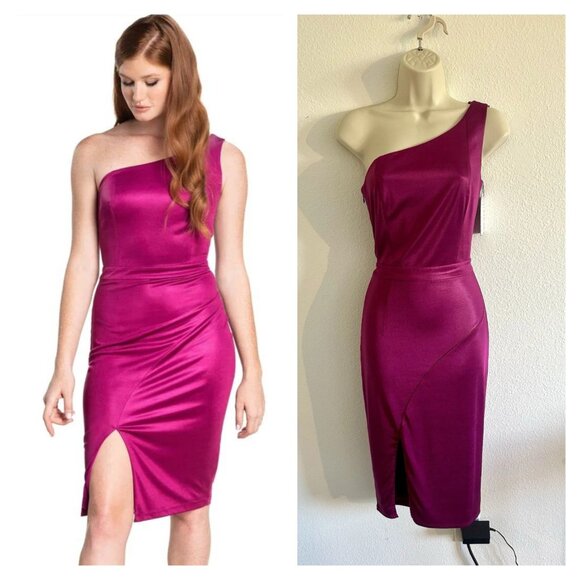 Dress the Population NWT XS Fuchsia Metallic One Shoulder Ruched Cocktail Dress